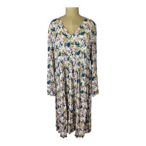 Boden Multicolor Toucan Floral Long Sleeve smocked waist Peasant Dress